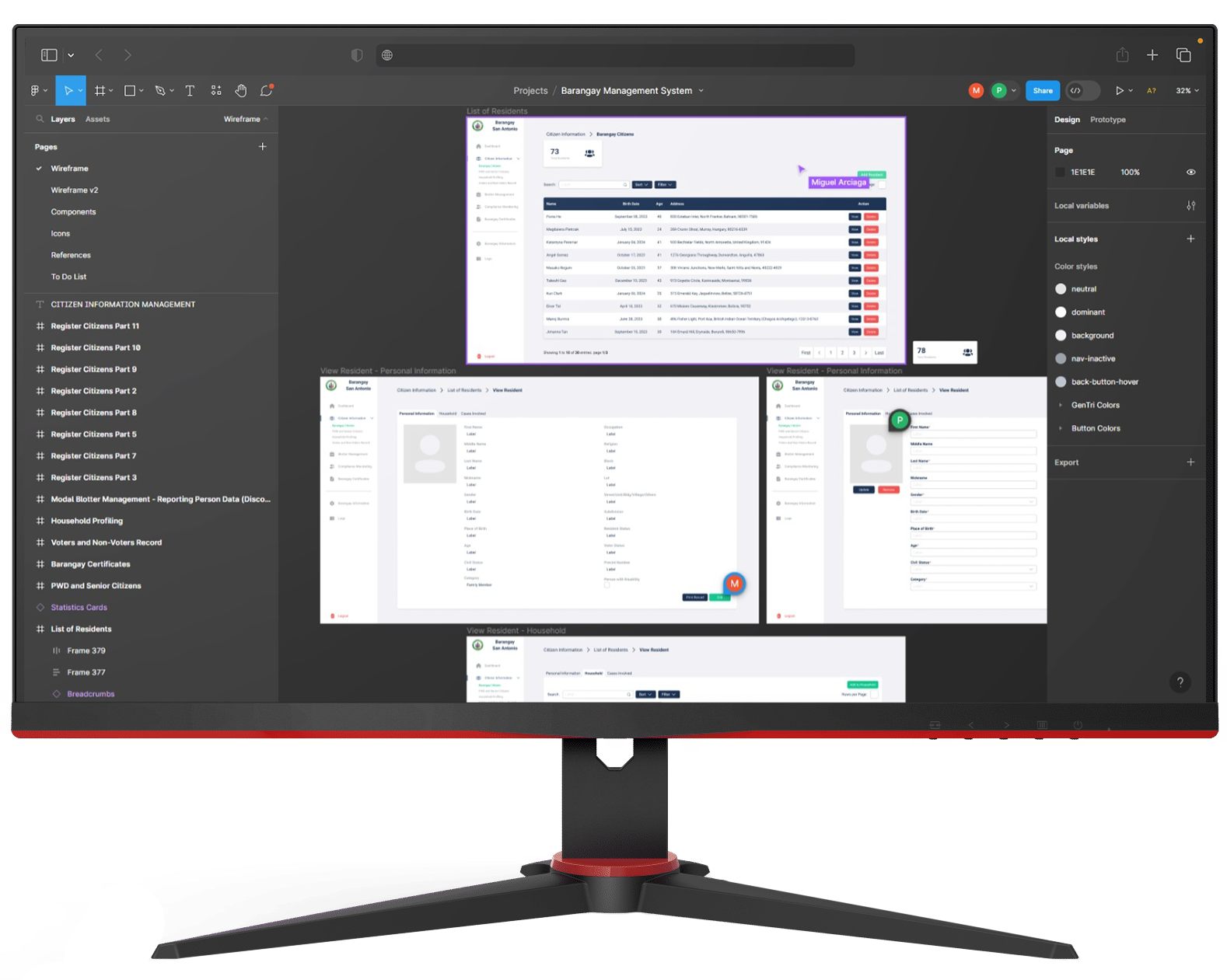 Image of a monitor which shows Figma and various UI elements